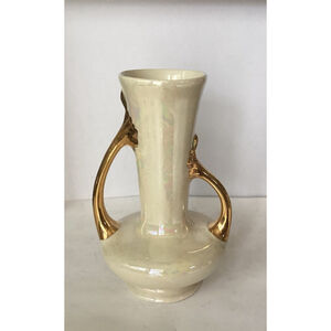 Pearlized Lusterware Vase 22K Karat Gold Handles Colorful Art Deco Pottery 7.5”